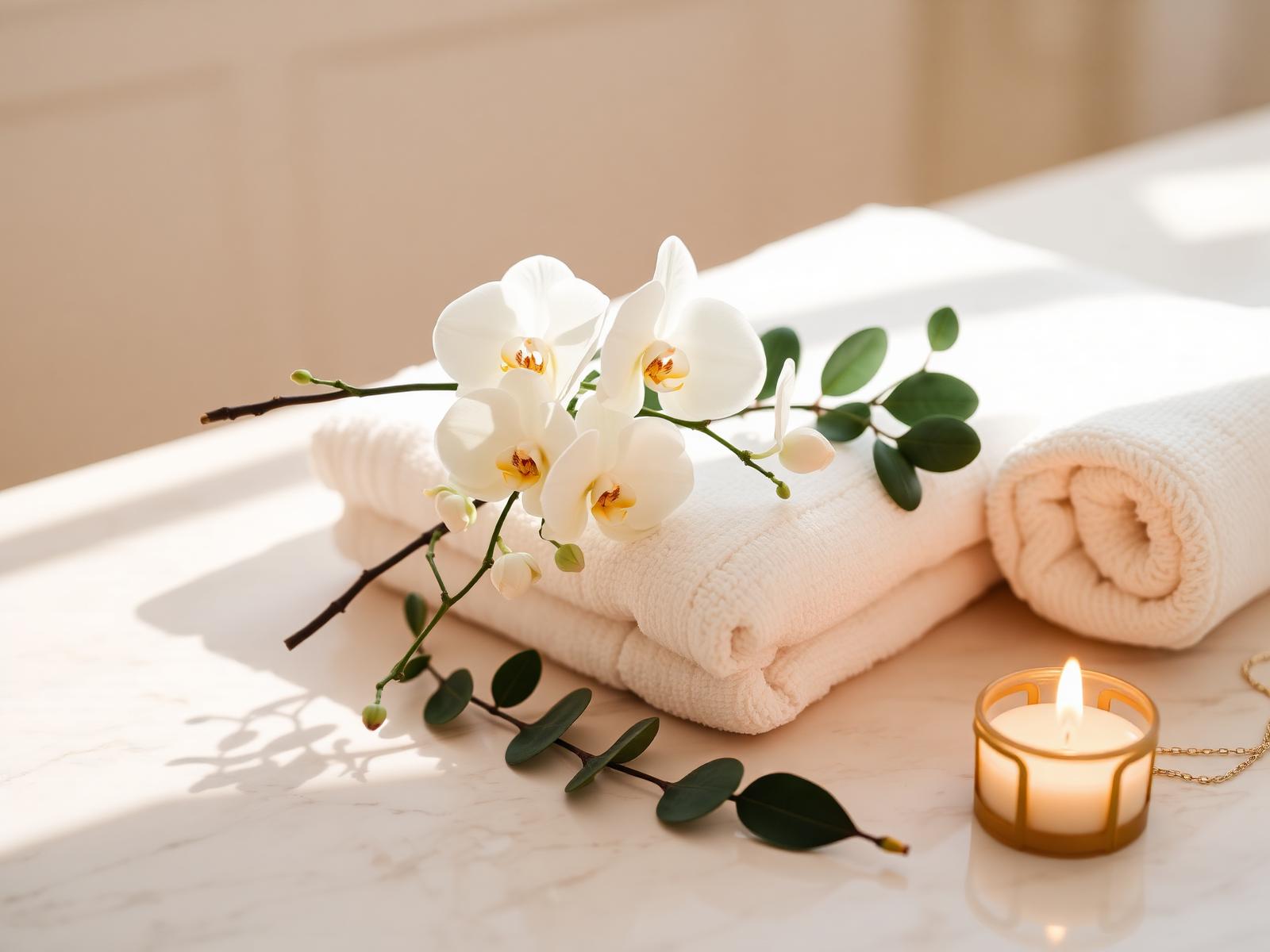 Soft white orchids resting on plush cream spa towels with a warm candle glow