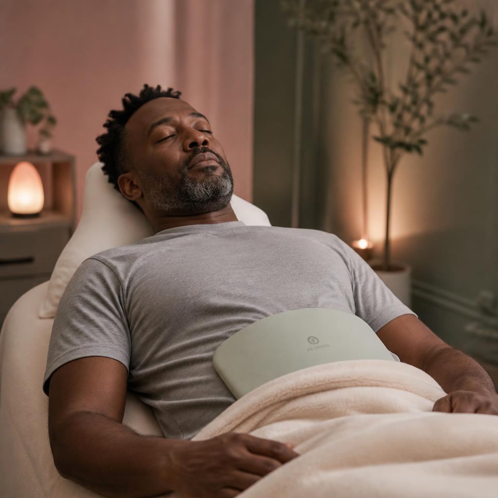 A softly lit peaceful wellness room prepared for a PEMF session